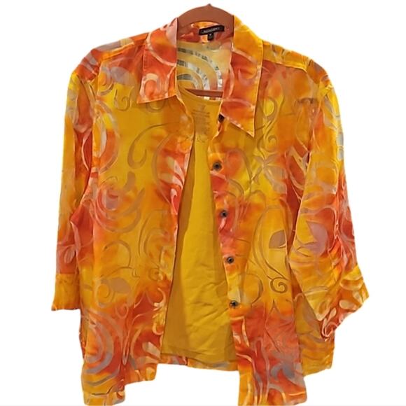 NOTATIONS 2 Piece Set Semi Sheer Orange Yellow Shirt Worthington Shell XL - Picture 1 of 8